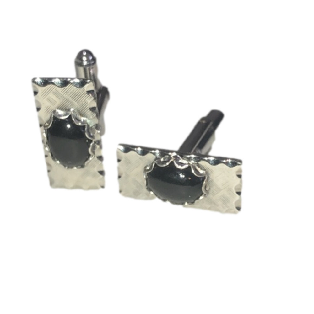 VTG Onyx Cabochon & Textures Scalloped Edge Silver Tone Mens Cufflinks .7” x .3”